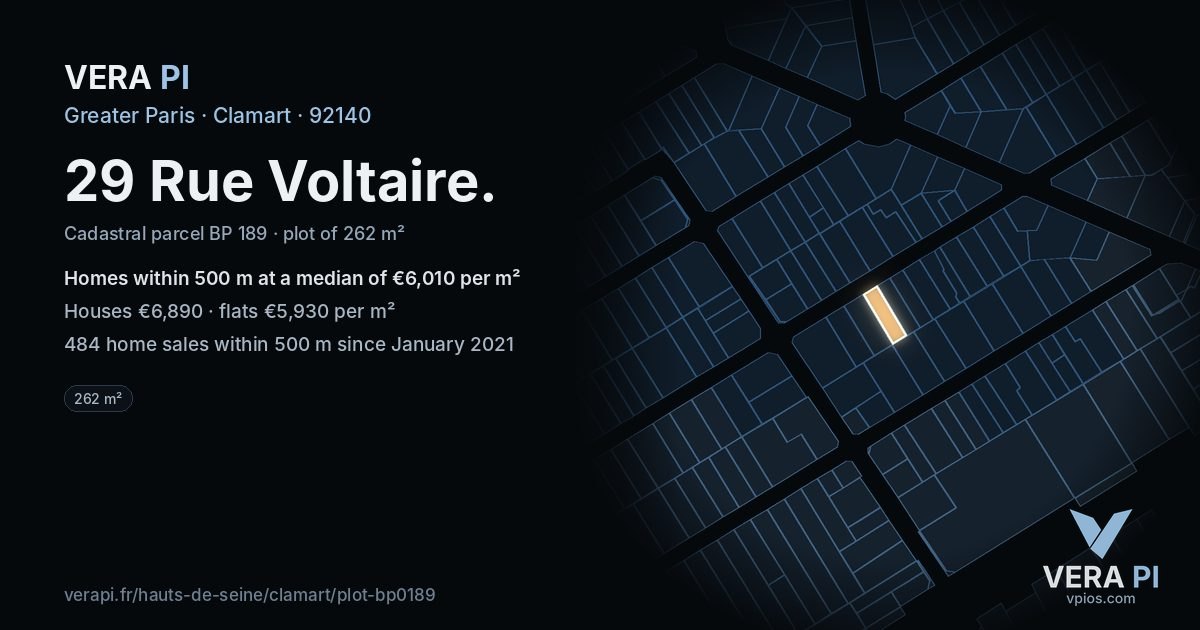 29 Rue Voltaire, Clamart at night – the plot lit, the parcels around coloured by the prices near them