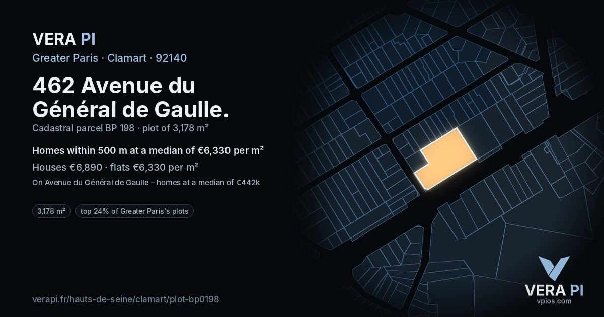 462 Avenue du Général de Gaulle, Clamart at night – the plot lit, the parcels around coloured by the prices near them