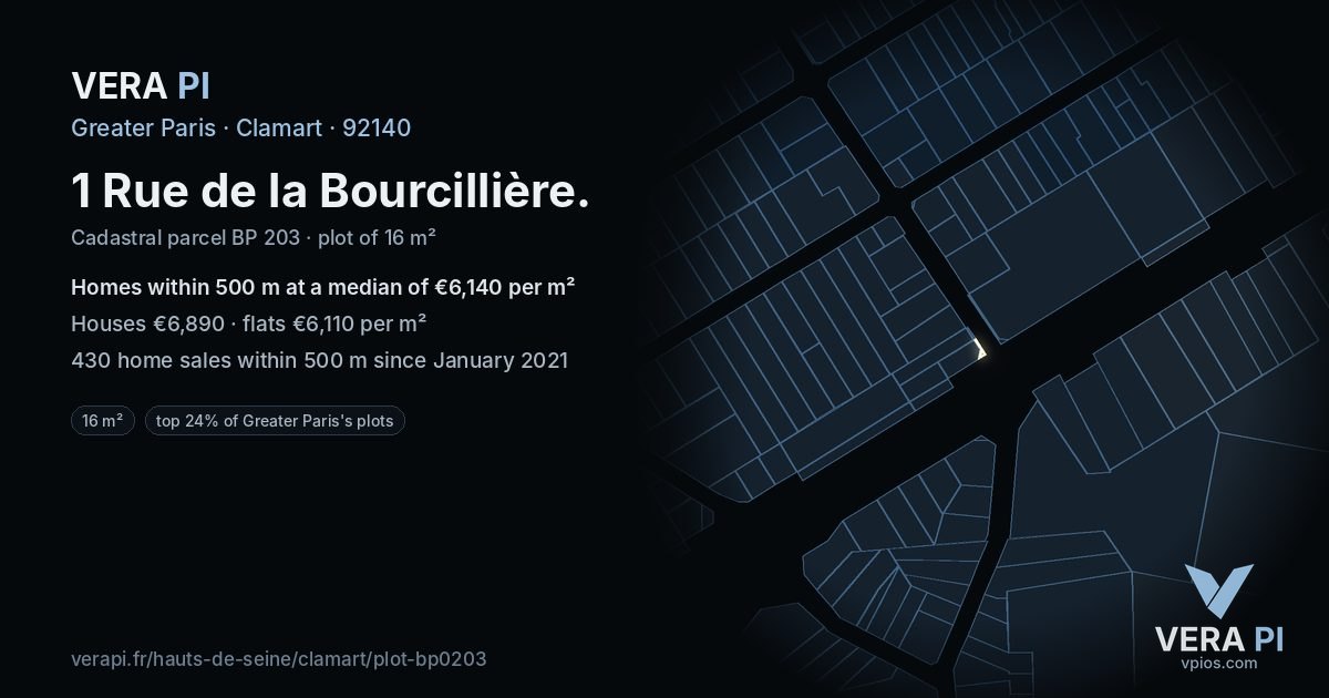 1 Rue de la Bourcillière, Clamart at night – the plot lit, the parcels around coloured by the prices near them