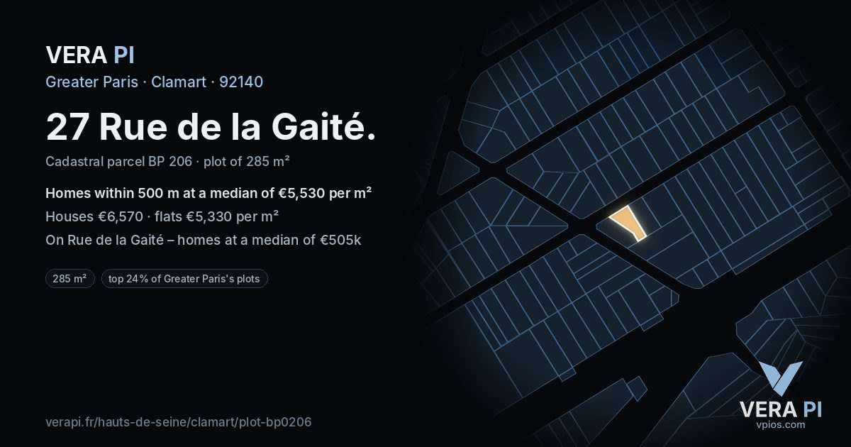 27 Rue de la Gaité, Clamart at night – the plot lit, the parcels around coloured by the prices near them