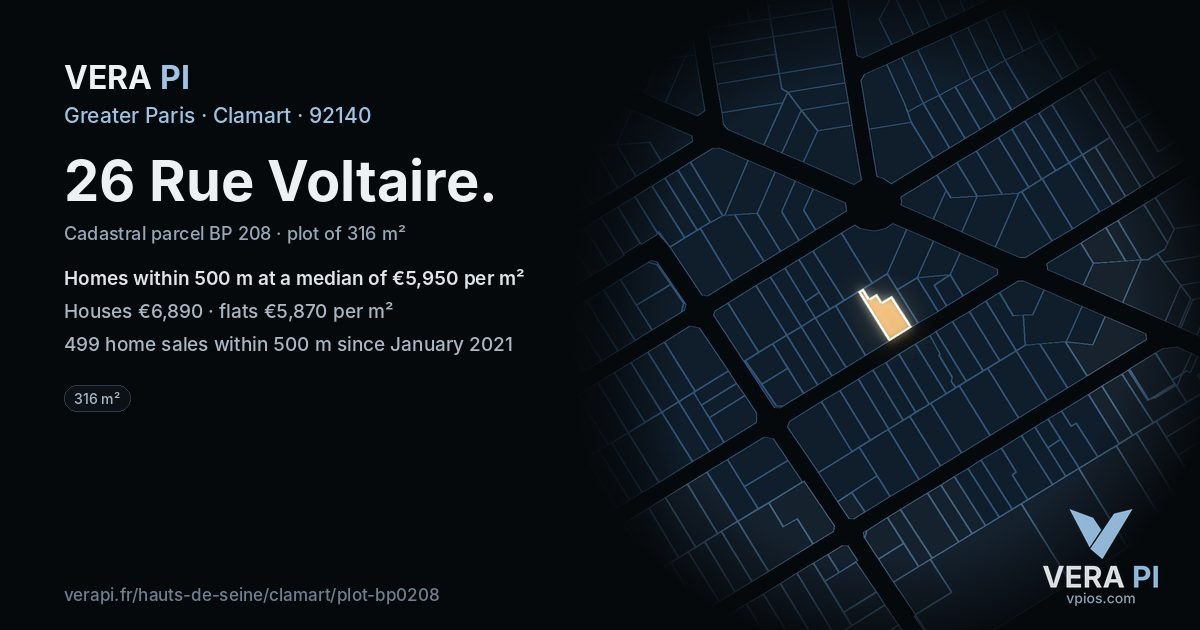 26 Rue Voltaire, Clamart at night – the plot lit, the parcels around coloured by the prices near them