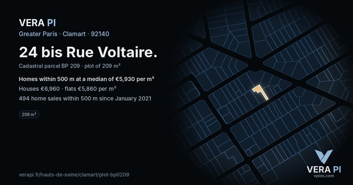 24 bis Rue Voltaire, Clamart at night – the plot lit, the parcels around coloured by the prices near them