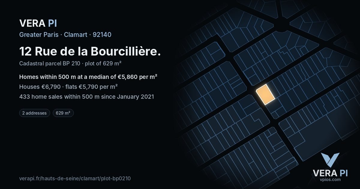 12 Rue de la Bourcillière, Clamart at night – the plot lit, the parcels around coloured by the prices near them