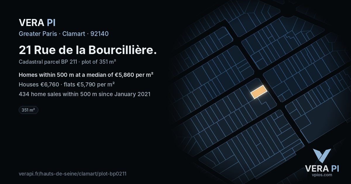 21 Rue de la Bourcillière, Clamart at night – the plot lit, the parcels around coloured by the prices near them
