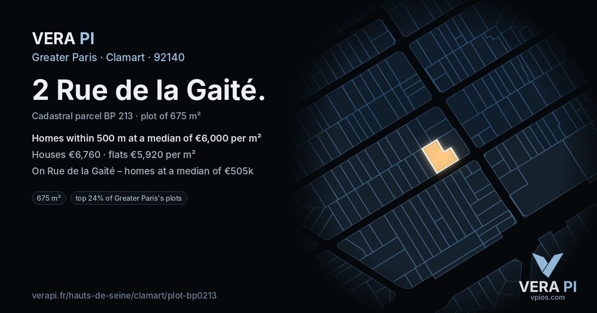 2 Rue de la Gaité, Clamart at night – the plot lit, the parcels around coloured by the prices near them
