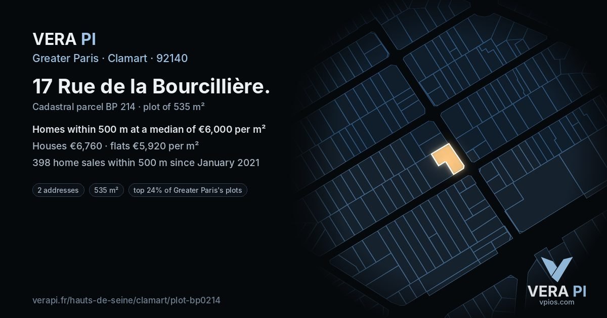 17 Rue de la Bourcillière, Clamart at night – the plot lit, the parcels around coloured by the prices near them