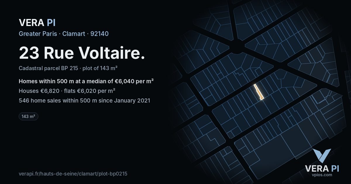 23 Rue Voltaire, Clamart at night – the plot lit, the parcels around coloured by the prices near them