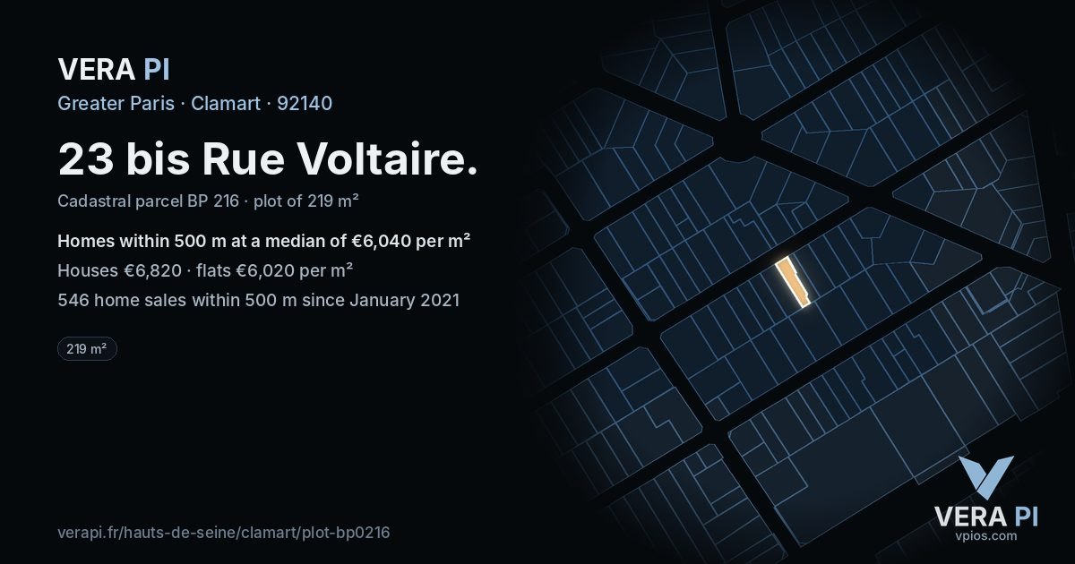 23 bis Rue Voltaire, Clamart at night – the plot lit, the parcels around coloured by the prices near them