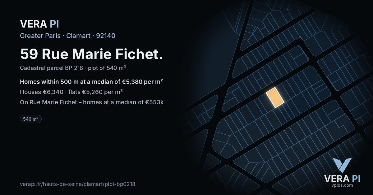 59 Rue Marie Fichet, Clamart at night – the plot lit, the parcels around coloured by the prices near them