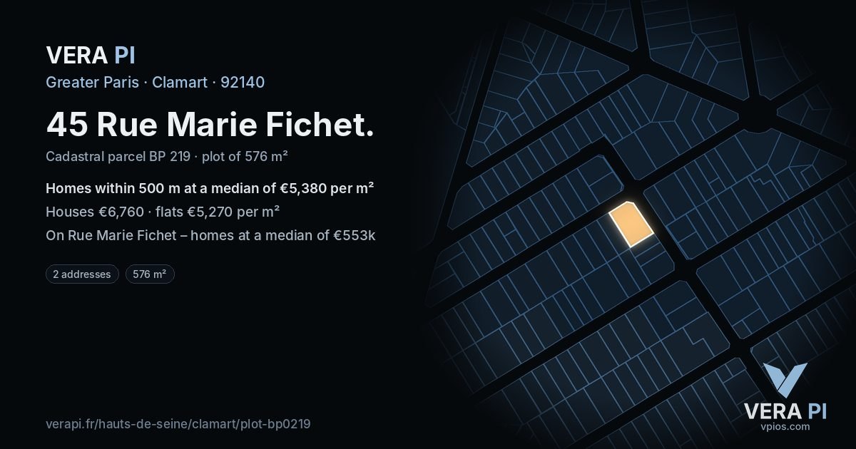 45 Rue Marie Fichet, Clamart at night – the plot lit, the parcels around coloured by the prices near them