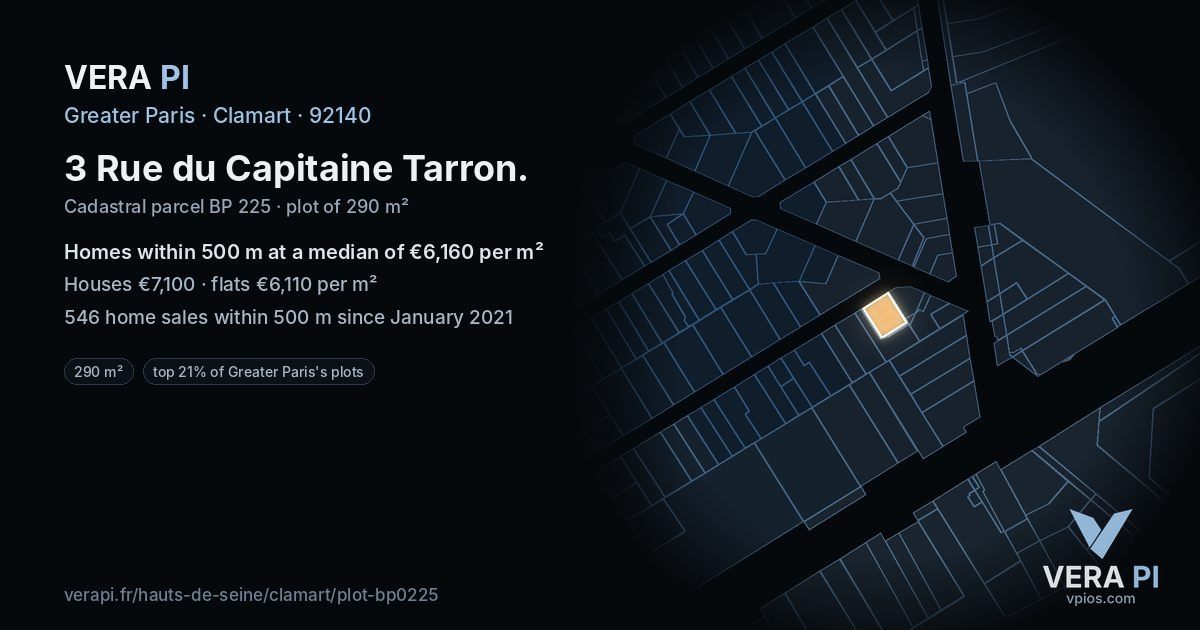 3 Rue du Capitaine Tarron, Clamart at night – the plot lit, the parcels around coloured by the prices near them