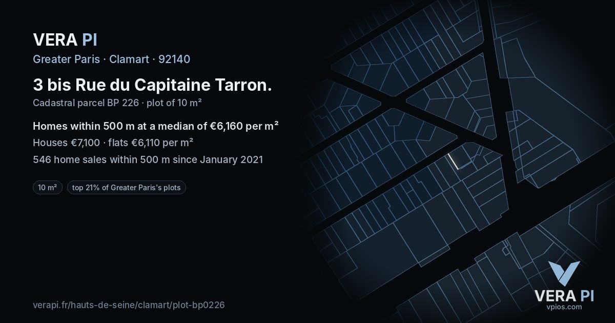 3 bis Rue du Capitaine Tarron, Clamart at night – the plot lit, the parcels around coloured by the prices near them