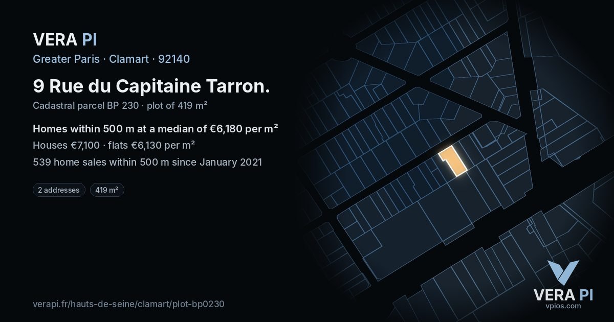 9 Rue du Capitaine Tarron, Clamart at night – the plot lit, the parcels around coloured by the prices near them