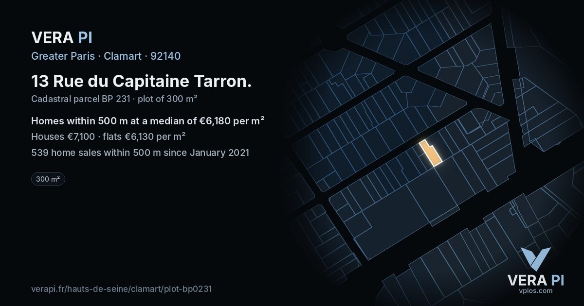13 Rue du Capitaine Tarron, Clamart at night – the plot lit, the parcels around coloured by the prices near them