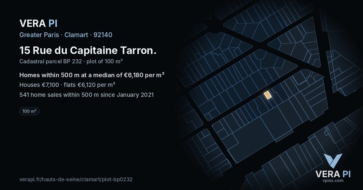 15 Rue du Capitaine Tarron, Clamart at night – the plot lit, the parcels around coloured by the prices near them