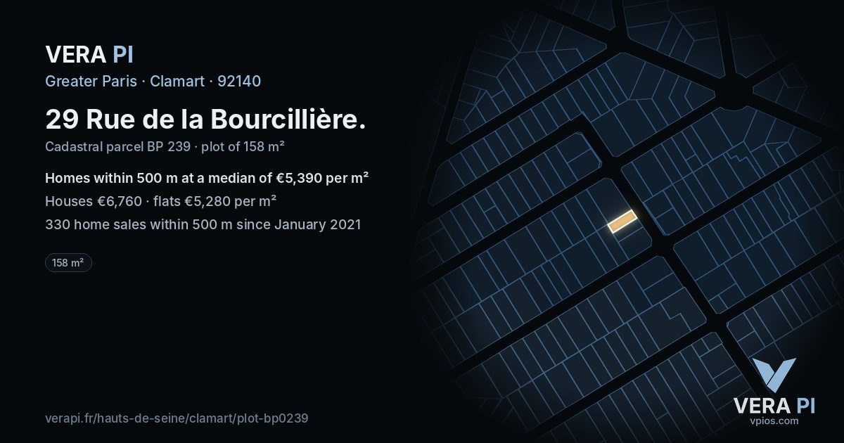 29 Rue de la Bourcillière, Clamart at night – the plot lit, the parcels around coloured by the prices near them