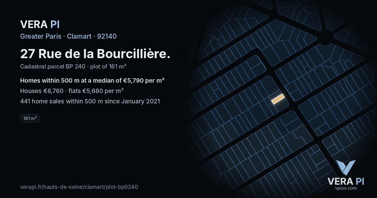 27 Rue de la Bourcillière, Clamart at night – the plot lit, the parcels around coloured by the prices near them