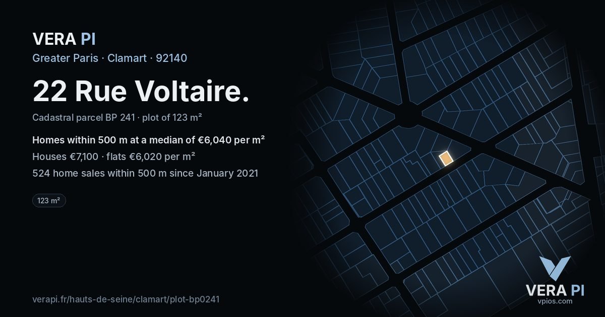 22 Rue Voltaire, Clamart at night – the plot lit, the parcels around coloured by the prices near them