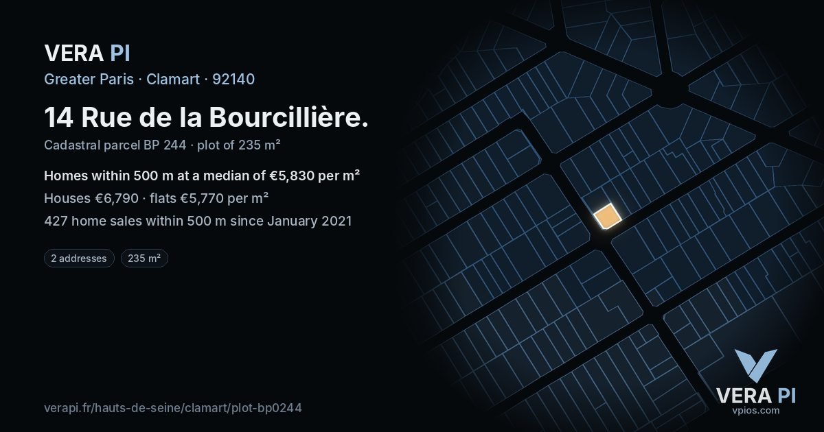 14 Rue de la Bourcillière, Clamart at night – the plot lit, the parcels around coloured by the prices near them