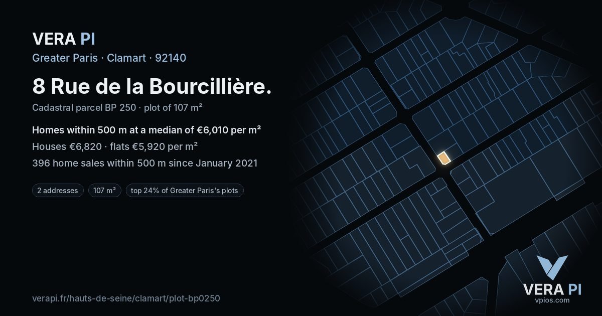 8 Rue de la Bourcillière, Clamart at night – the plot lit, the parcels around coloured by the prices near them
