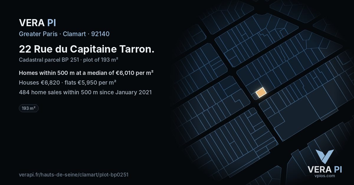 22 Rue du Capitaine Tarron, Clamart at night – the plot lit, the parcels around coloured by the prices near them