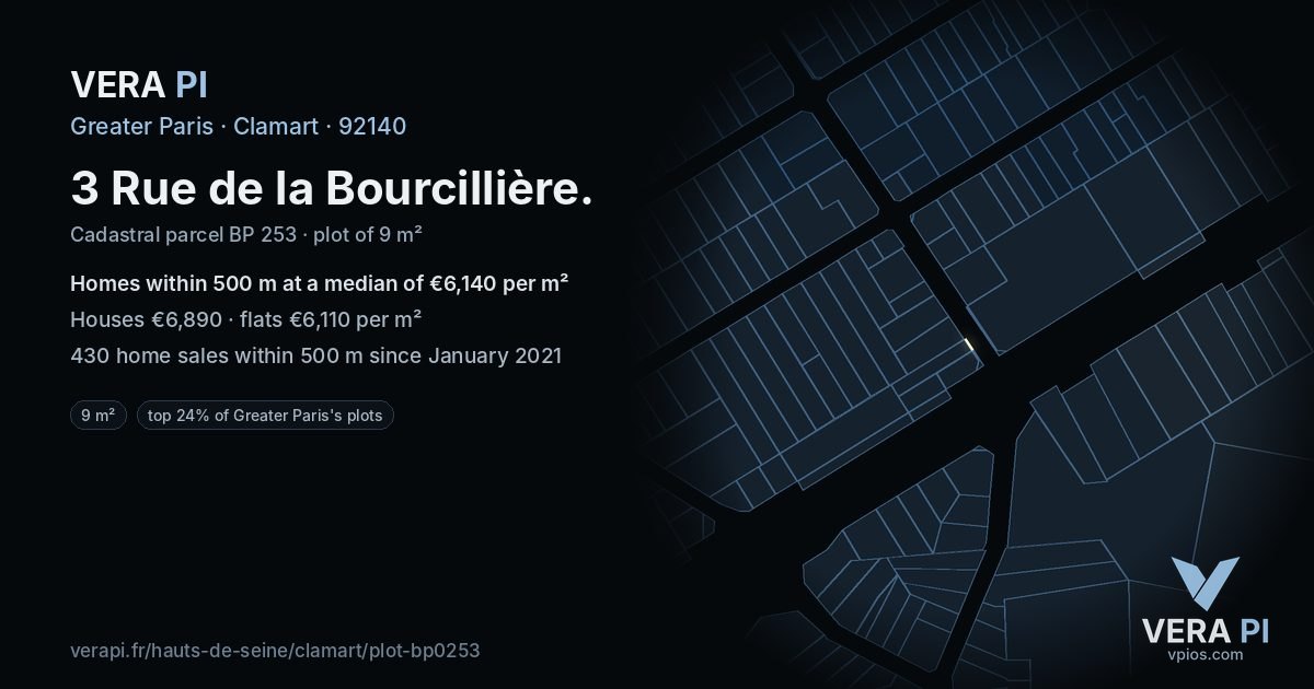 3 Rue de la Bourcillière, Clamart at night – the plot lit, the parcels around coloured by the prices near them