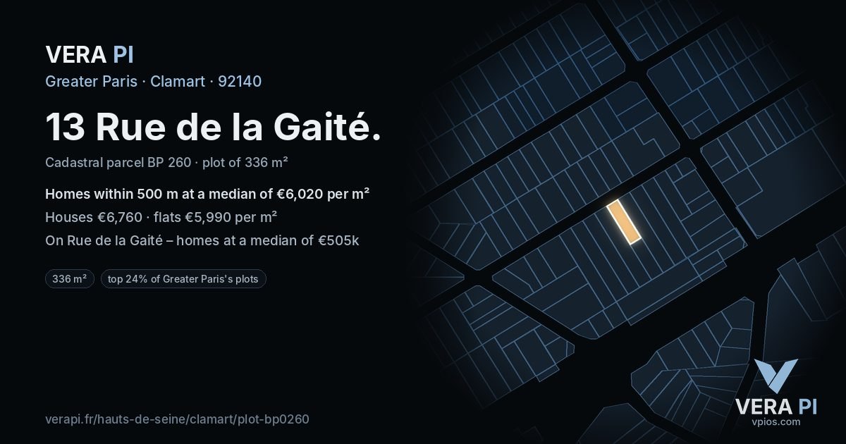 13 Rue de la Gaité, Clamart at night – the plot lit, the parcels around coloured by the prices near them