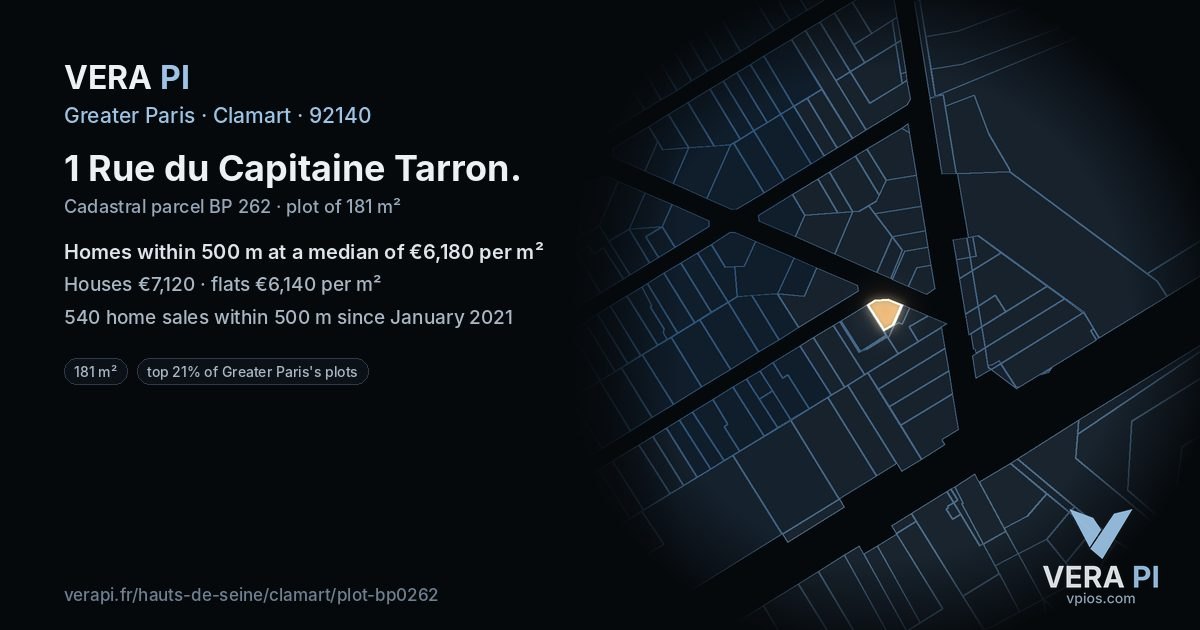 1 Rue du Capitaine Tarron, Clamart at night – the plot lit, the parcels around coloured by the prices near them