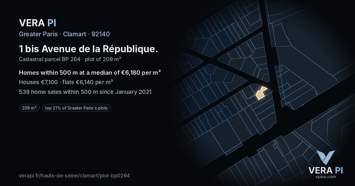 1 bis Avenue de la République, Clamart at night – the plot lit, the parcels around coloured by the prices near them