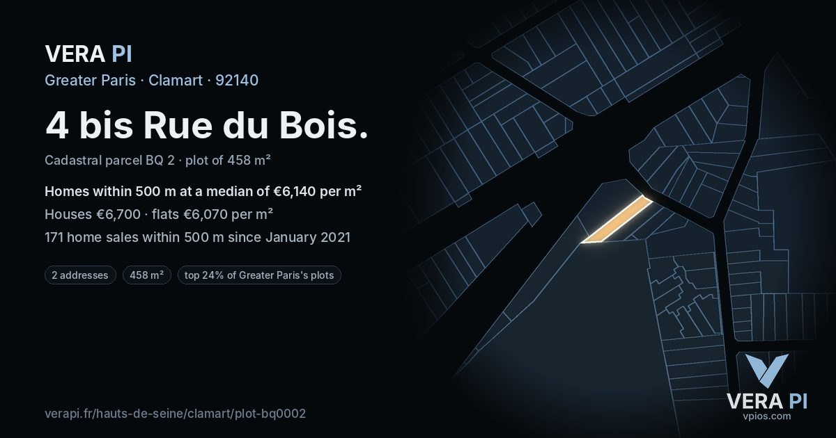 4 bis Rue du Bois, Clamart at night – the plot lit, the parcels around coloured by the prices near them