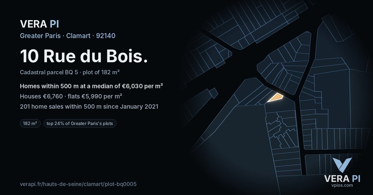 10 Rue du Bois, Clamart at night – the plot lit, the parcels around coloured by the prices near them