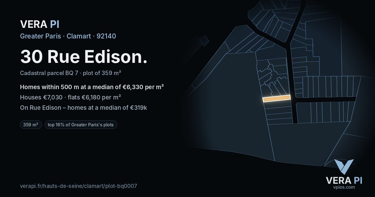 30 Rue Edison, Clamart at night – the plot lit, the parcels around coloured by the prices near them