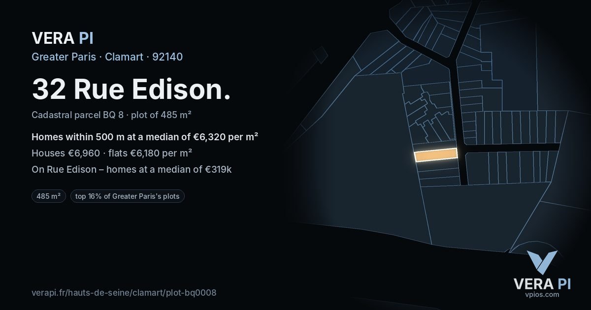 32 Rue Edison, Clamart at night – the plot lit, the parcels around coloured by the prices near them