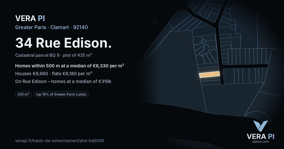 34 Rue Edison, Clamart at night – the plot lit, the parcels around coloured by the prices near them