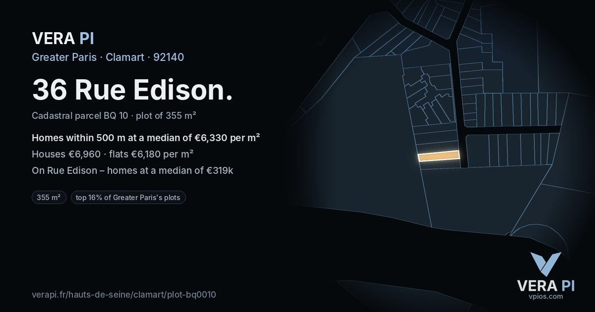 36 Rue Edison, Clamart at night – the plot lit, the parcels around coloured by the prices near them