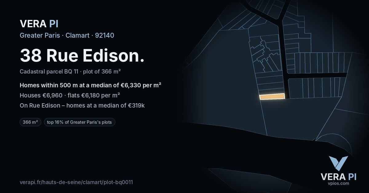 38 Rue Edison, Clamart at night – the plot lit, the parcels around coloured by the prices near them
