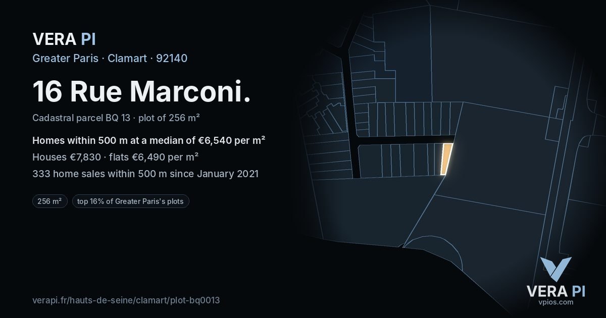 16 Rue Marconi, Clamart at night – the plot lit, the parcels around coloured by the prices near them