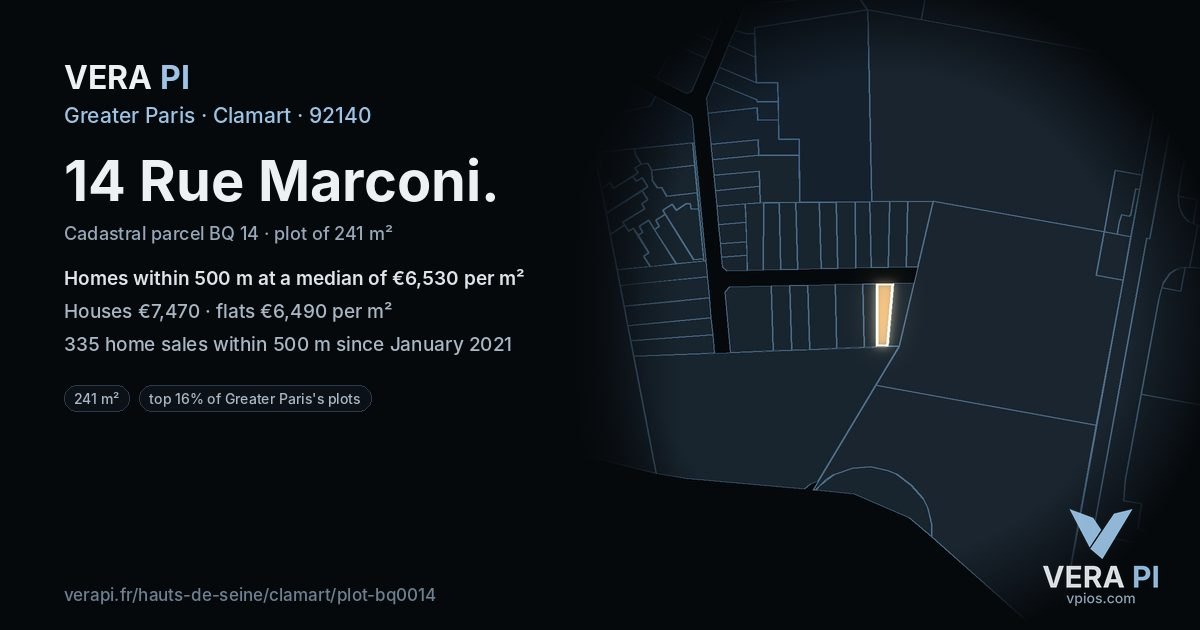 14 Rue Marconi, Clamart at night – the plot lit, the parcels around coloured by the prices near them
