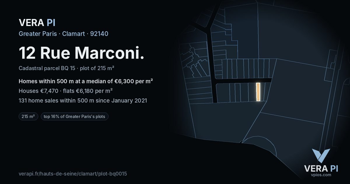 12 Rue Marconi, Clamart at night – the plot lit, the parcels around coloured by the prices near them