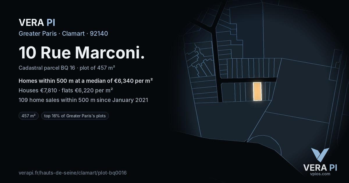 10 Rue Marconi, Clamart at night – the plot lit, the parcels around coloured by the prices near them