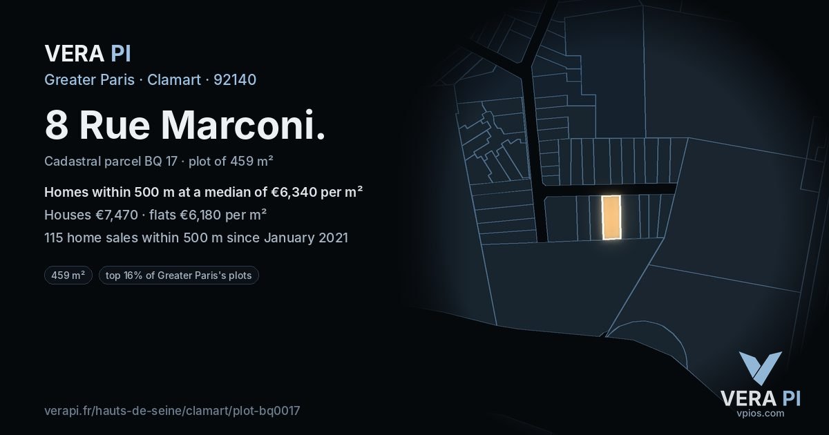 8 Rue Marconi, Clamart at night – the plot lit, the parcels around coloured by the prices near them