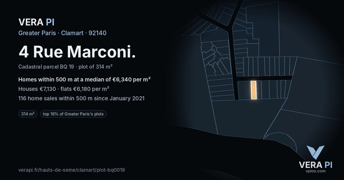 4 Rue Marconi, Clamart at night – the plot lit, the parcels around coloured by the prices near them