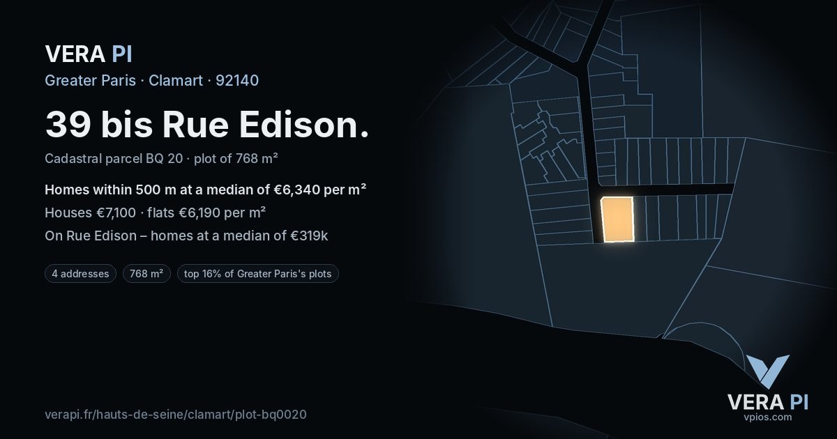 39 bis Rue Edison, Clamart at night – the plot lit, the parcels around coloured by the prices near them