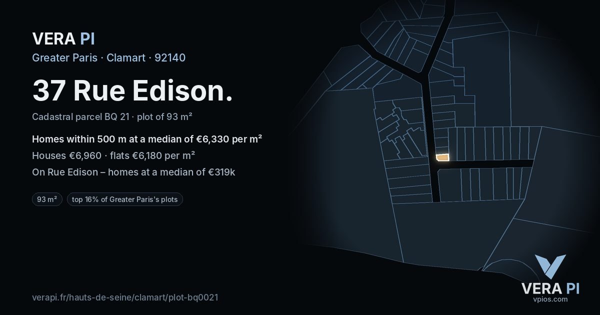 37 Rue Edison, Clamart at night – the plot lit, the parcels around coloured by the prices near them