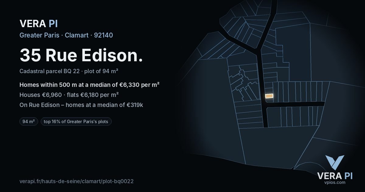35 Rue Edison, Clamart at night – the plot lit, the parcels around coloured by the prices near them