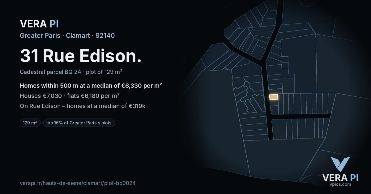 31 Rue Edison, Clamart at night – the plot lit, the parcels around coloured by the prices near them
