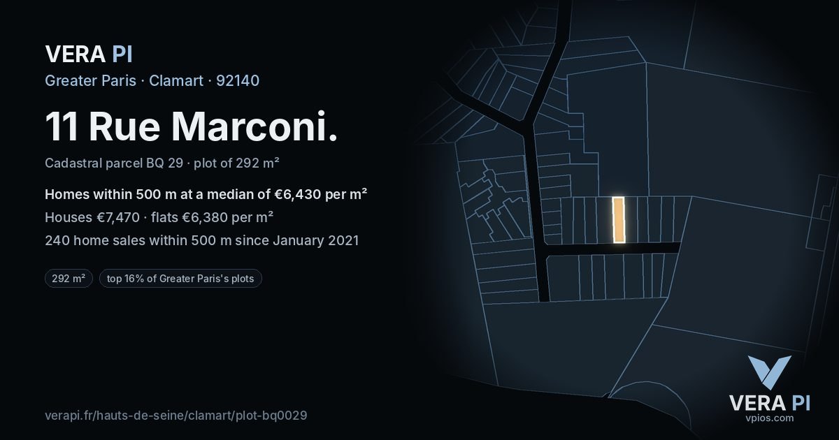 11 Rue Marconi, Clamart at night – the plot lit, the parcels around coloured by the prices near them