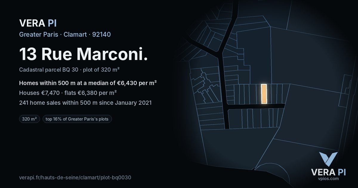 13 Rue Marconi, Clamart at night – the plot lit, the parcels around coloured by the prices near them