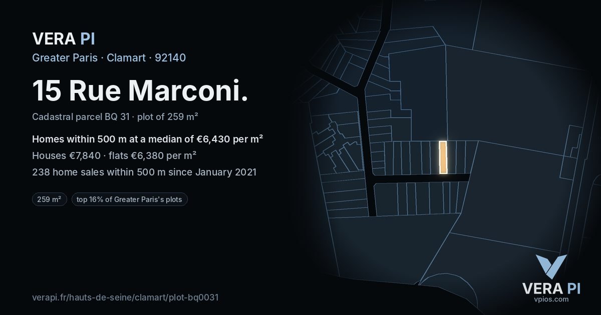 15 Rue Marconi, Clamart at night – the plot lit, the parcels around coloured by the prices near them
