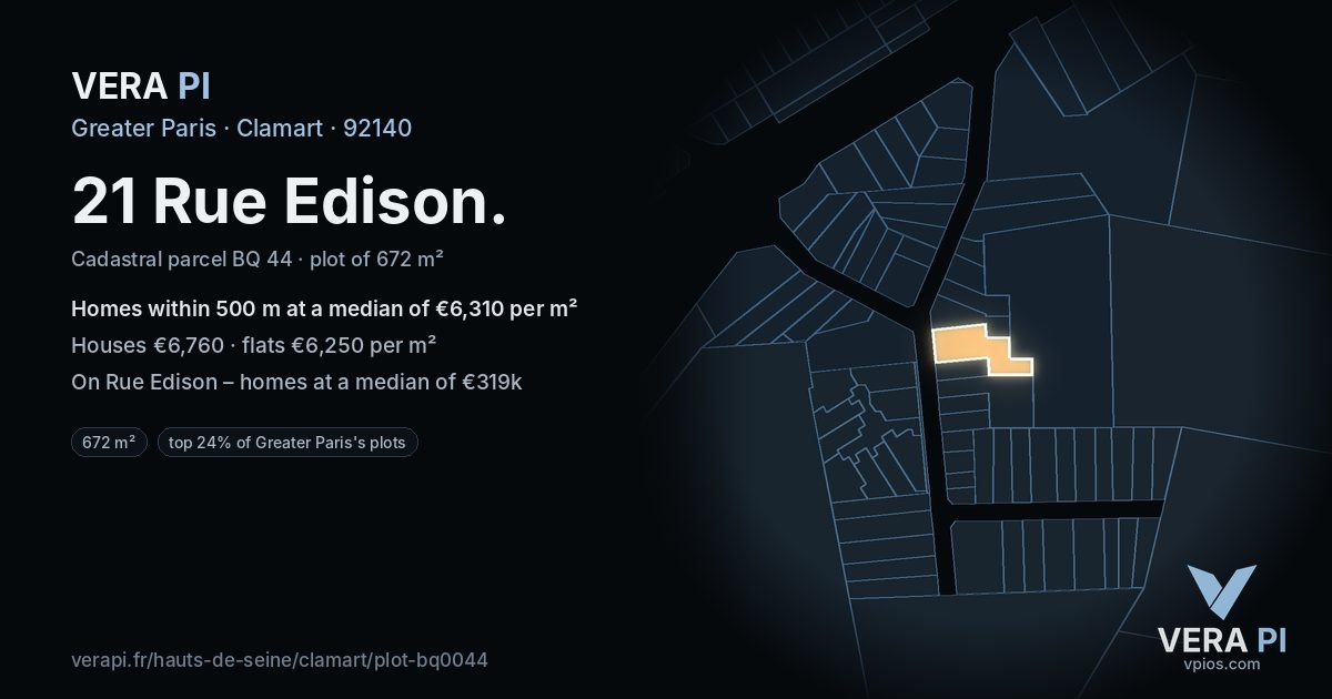21 Rue Edison, Clamart at night – the plot lit, the parcels around coloured by the prices near them